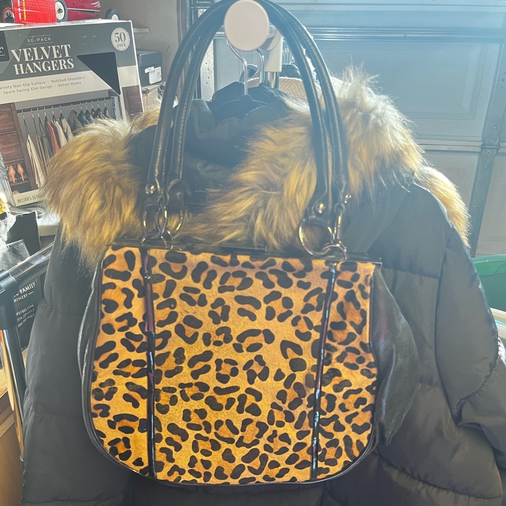 Steven by Steve Madden Leather Leopard Calf Hair Metal Frame Satchel